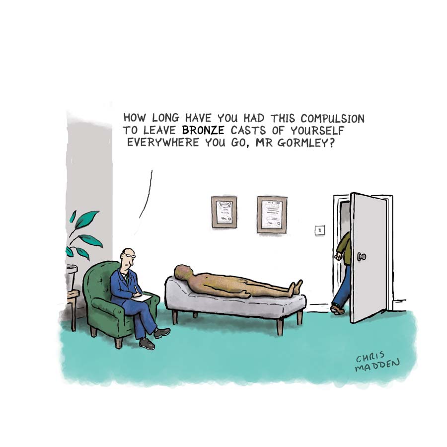 A cartoon featuring Antony Gormley, commenting on his modus operandi of creating numerous casts of his own body which can now be seen in locations all around the world.