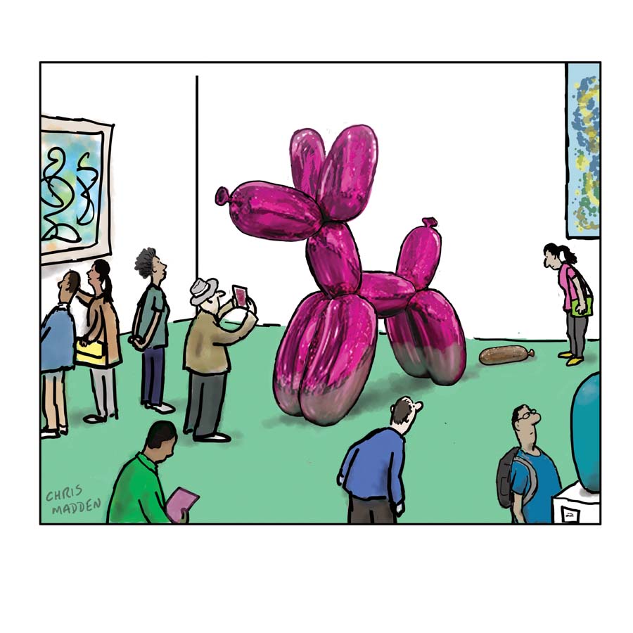 A cartoon about contemporary art depicting a balloon dog by Jeff Koons, with a scatalogical twist.